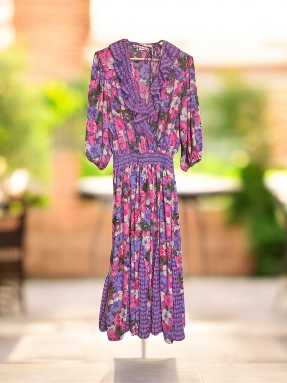 Vintage Ruffle V-Neck Elastic Waist Pleated Day Dress - Stunning Pink Purple